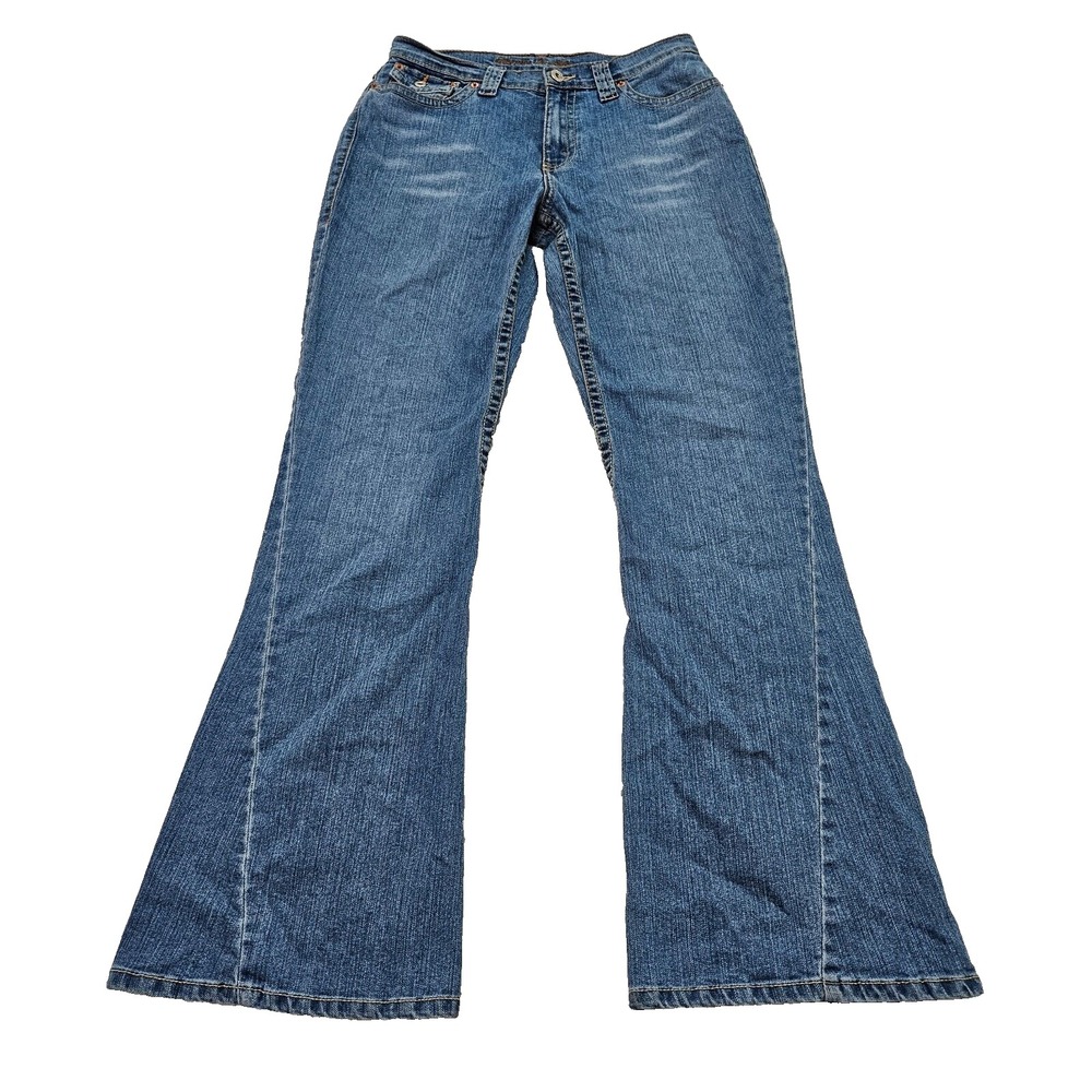 Kikit Jeans Low Rise Retro Y2k Sz 12 Blue Flare Leg Medium Wash‎ Whiskered Denim